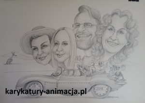 karykatura rodzinna, karykatura rodziny w samochodzie, karykatura w wymarzonym samochodzie, karykatura w dużym formacie