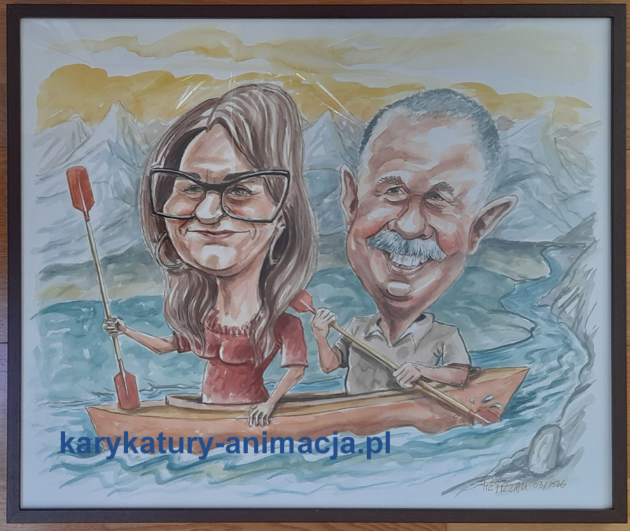 karykatura w kajaku, karykatura dwóch osób kolorowa ze zdjęcia